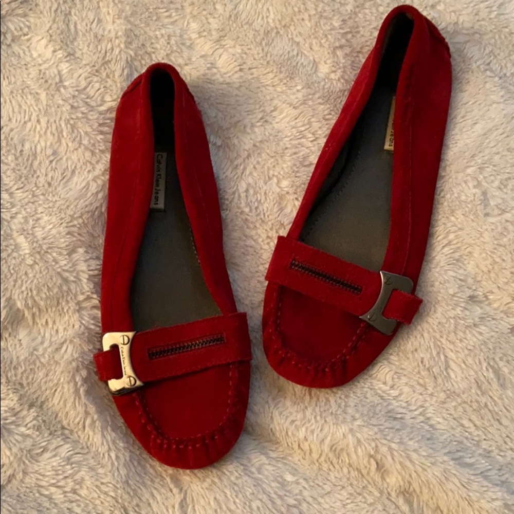 Calvin Klein red suede loafers